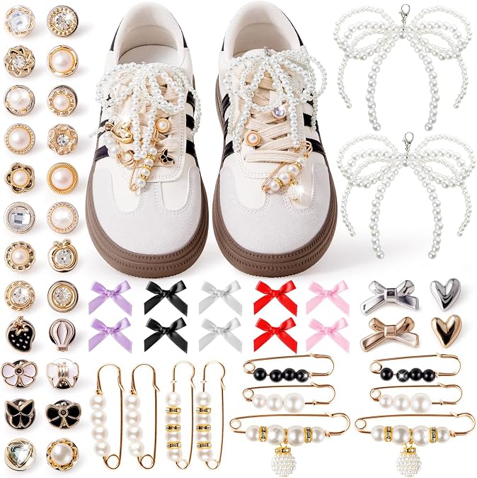 RQAYE 50/410pcs Shoe Charms for Sneakers & Accessories - DIY Shoe Lace Pearl Rhinestone Brooches and Pins for Women,Junk Socks Charms Kit and Satin Cute Shoelace Accessories