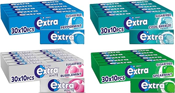 Extra Sugarfree Chewing Gum, Peppermint, Cool Breeze, Spearmint and Bubblemint, Freshens Breath, Helps with Oral Hygiene for Healthy Teeth and Gums 30 Packs of 10 pieces of Each Flavour (120 Packs)