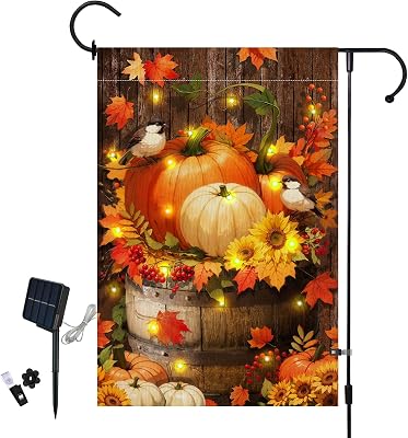 Lighted Pumpkin Fall Garden Flag 12 x 18 Inch Double Sided Burlap Led Autumn Watercolor Bird Garden Flag for Party Yard Outdoor Decoration