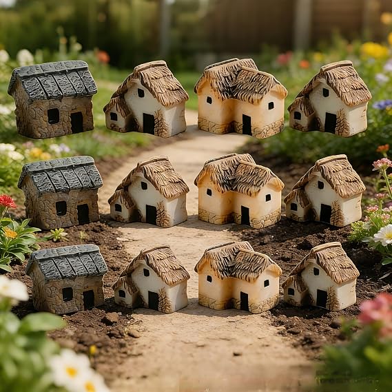 Miniature Fairy Garden Stone House - 12 Pieces Resin Moss Mini Cottage for Home Decoration & Outdoor Decor