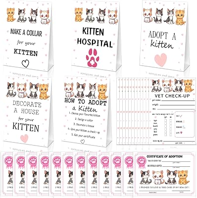 29 Pcs Kitten Adoption Certificate Set Including 12 Cat Adoption Certificates 12 Check up Certificate 5 Signs Animals for Kitten Birthday Party Favors Supplies Animals Adoption Party Decorations