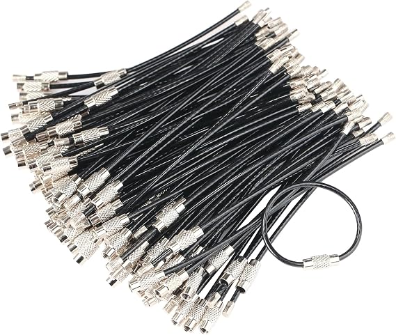 4 Inches Key Rings, Black, Pack of 50 | Stainless Steel Wire Keychains Cable Heavy Duty Luggage Tags Loops Tag Keepers 2mm Twist Barrel