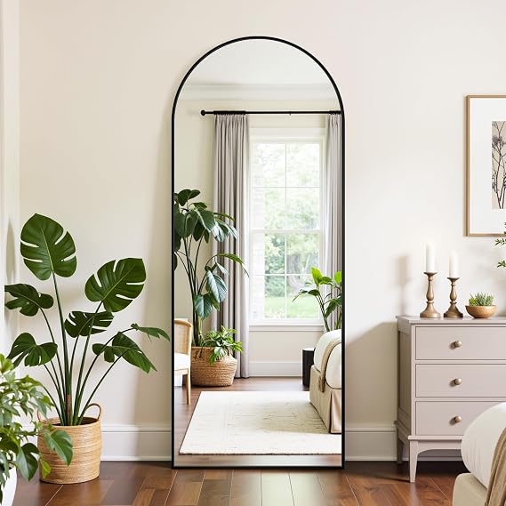 Full Length Mirror, 58"x18" Oversized Floor Mirrors Freestanding, Full Body Mirror Floor Standing Mirrors with Stand, Hanging Mounted Mirrors for Bedroom Living Room, Black, Arched Style