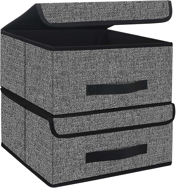 Onlyeasy Foldable Storage Bins Cubes Boxes with Lid - Storage Box Cube Cubby Basket Closet Organizer Pack of Two with Leather Handles for Closet Bedroom, 13"x13", Black, 8MXALB2P