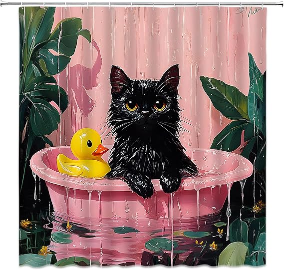 GCTNBJL Funny Cat Shower Curtain Black Cat in Bathtub with Duck Green Palm Leaf Funny Animal Creative Oil Painting 36x70(WxH) Inch Bathroom Decor Fabric Curtain with Hooks