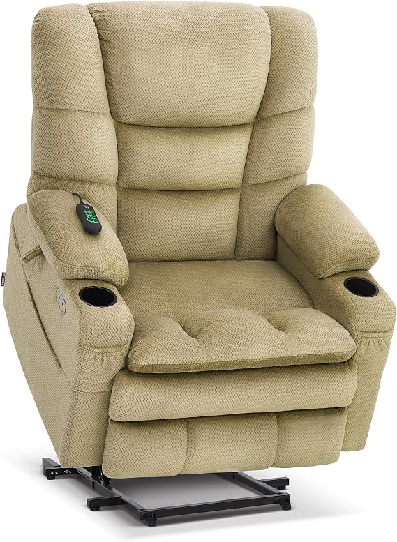MCombo 3 Motor Lay Flat Power Lift Recliner for Elderly R7635 (Large-Wide) | Massage & Dual Heating, Infinite Position, Power Headrest, Big & Tall Elderly, 4.7" Footrest, USB ports, Fabric (Beige)
