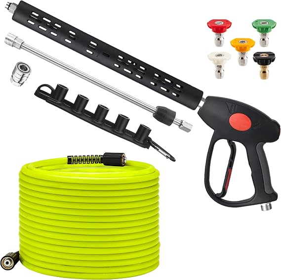 M MINGLE Pressure Washer Hose and Gun Kit, 50 FT Power Washer Hose with 5 Nozzle Tips and M22-14mm Fitting, Replacement for Ryobi, Simpson, Craftsman