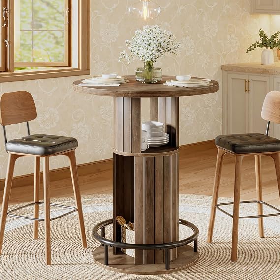 LVB 31.5 inch Round Dining Table for 2, Small Kitchen Table with Storage, Modern Farmhouse Circle Dinner Table for Dining Room,Coffee Bar, Small Space, Rustic Oak (Table Only) (1, Rustic Oak)