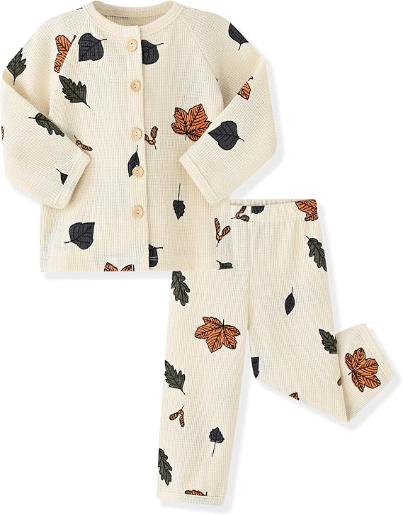 ACESTAR Unisex Baby and Toddler 2 Piece Waffle Knit Pajama Sets Long Sleeve Button Down Pjs Kids Matching Lounge Set