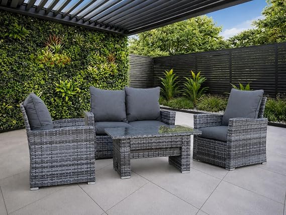 4 Seater Rattan Garden Furniture Set with Height Adjustable Rising Table - Outdoor Patio furniture - Conservatory Sofa sets - FREE COVER INCLUDED (Dark Grey, 4 Seater with Rising Table)