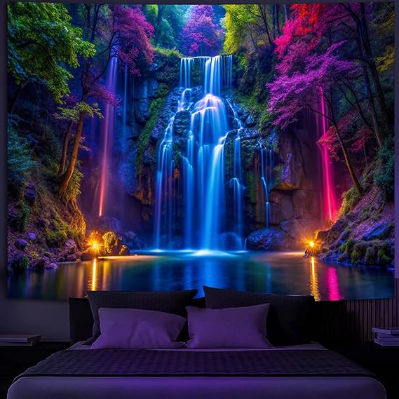 Simpkeely Blacklight Waterfall Tapestry - UV Reactive Glow in the Dark Neon Forest Wall Hanging, Vibrant Nature Landscape Wonderland for Bedroom, Living Room Decor - 130 x 150cm