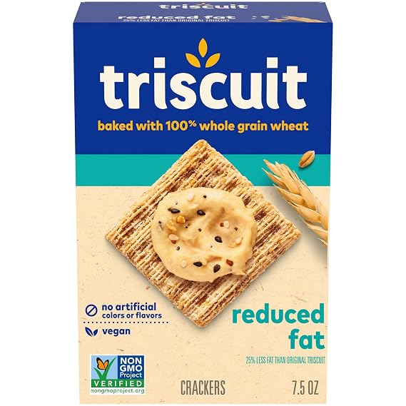 Triscuit Reduced Fat Whole Grain Wheat Crackers, Vegan Snacks, 7.5 oz | Vegan Crackers, Lunch Snacks, 100% Whole Grain Wheat, Non-GMO, No Artificial Colors or Flavors