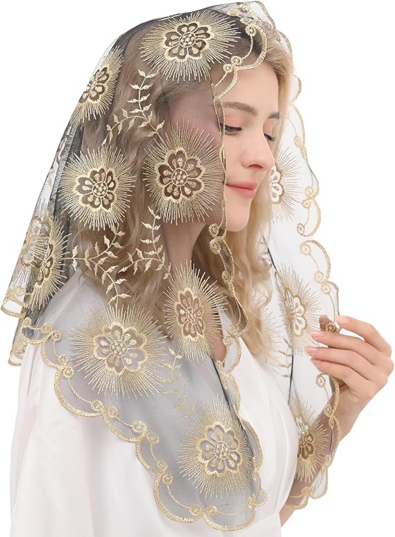 Catholic Mantilla Chapel Veil - Latin Mass Church Head Covering for Women with Embroidery Lace