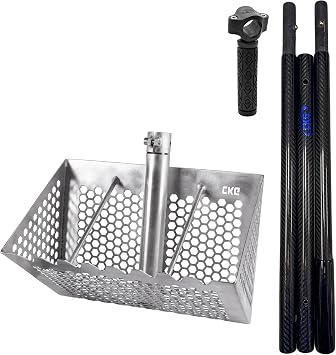 CKG Shark Tooth Sifter and Sand Scoop for The Beach, Sand Flea Rake with Carbon Handle, Stainless Steel Sand Sifter for The Beach with Long Strong Assembly Handle, Silver
