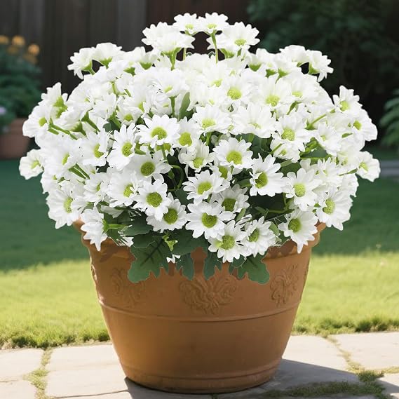 Daisy Flowers Artificial for Outdoors, 12 Bundles Realistic Fake Wildflowers, Fake Flowers for Outdoor Planters, Faux Plants with Silk Daisies for Porch Decor Garden Patio Home Aesthetic (White)