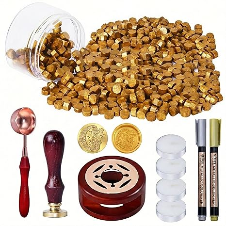 250 PCS Gold Wax Seal Stamp Kit with Wax Seal Warmer, Spoon, Tea Candles, Metallic Pen for Stamps, Gifts, Invitations, Envelopes, Crafts