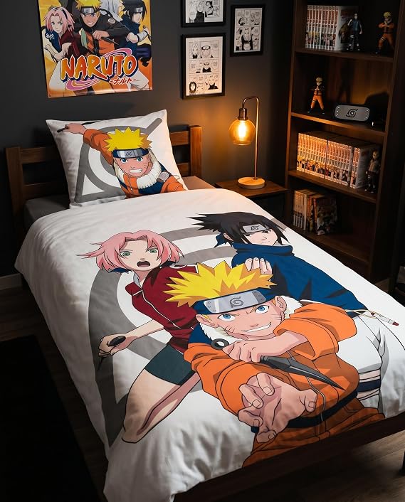 Naruto Shippuden Team 7 Single Duvet Cover 140x200 + Pillowcase | Reversible bedding | Polycotton quick dry Oeko-Tex | Sakura official manga licence | Gift teens & adults | Machine washable