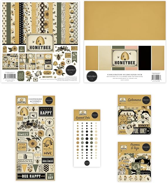 Carta Bella Honey Bee Mega Bundle Collection Kit with Solids Kit, Ephemera, Puffy Sticker, Enamel Dots, Frames & Tags, Chipboard Accent & Phrases