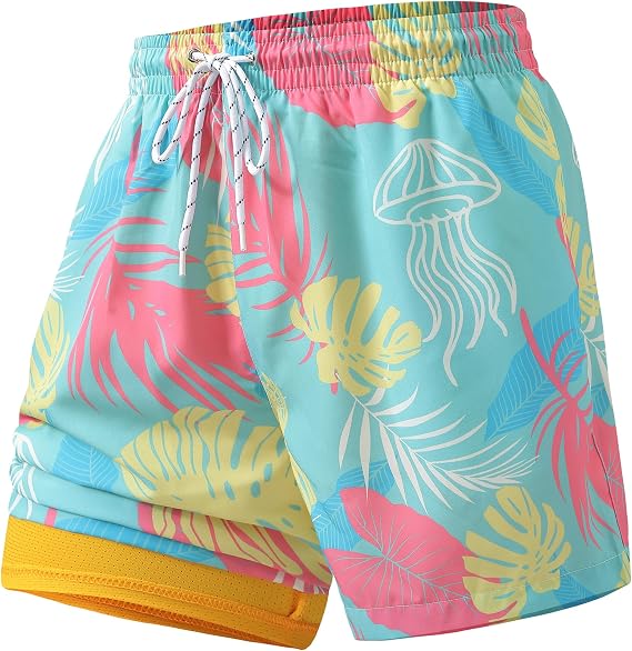 Mens Swim Trunks, 5 inch Quick Dry Swimming Board Shorts Bathing Suit with Compression Liner and 4 Zipper Pockets