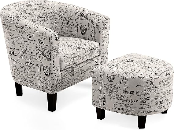 Belleze Accent Tub Chair Curved Back French Print Script Linen Fabric w/ Ottoman Modern Stylish Round Armrest, Beige