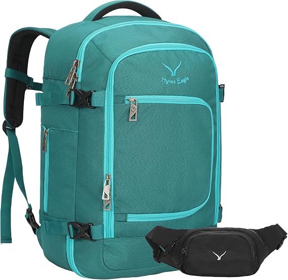 Hynes Eagle Travel Backpack 40L Flight Approved Carry on Backpack Men Large Cabin Weekender Laptop Backpack Women 15.6 inches Teal with Waist Pack Black