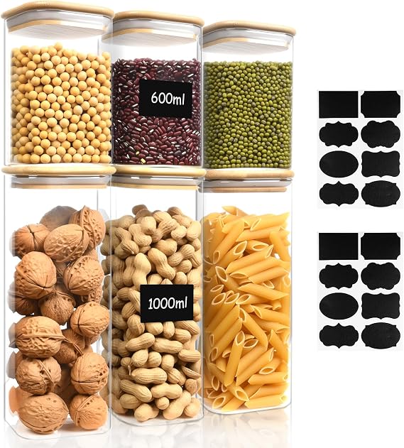 6 Pack Clear Airtight Food Storage Container Jar, Kitchen Pantry Storage Container with Bamboo Lids with 2 Sticker, Square Glass Jars for Flour, Sugar, Rice, Pasta, Oats (600ml,1000ml)