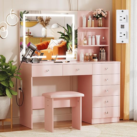 VOWNER Vanity with Lighted Mirror - 47" Makeup Vanity Desk with 7 Drawers