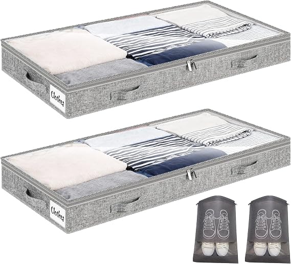 2 Pack Under Bed Storage Box with Lid Under Bed StorageBag with Zip Bedding Storage Boxes Foldable Shallow Wardrobe Storage Organiser with Clear Window & Reinforced Handle for Clothes Blankets Shoes