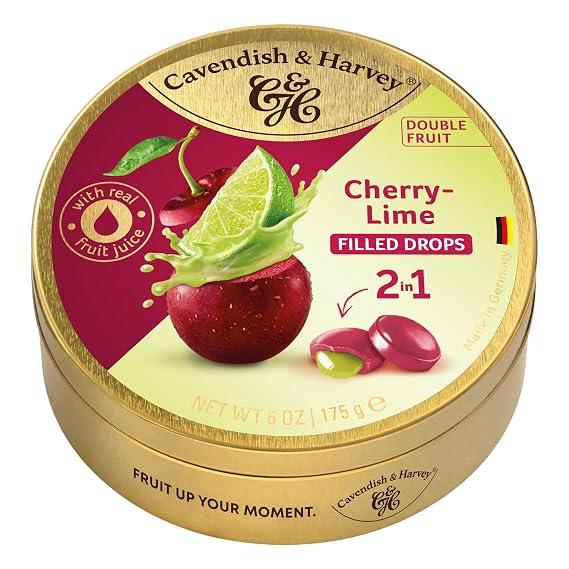 Cavendish & Harvey | Double Fruit Drops Cherry with Lime Filling | 175g 6 ounce Tin