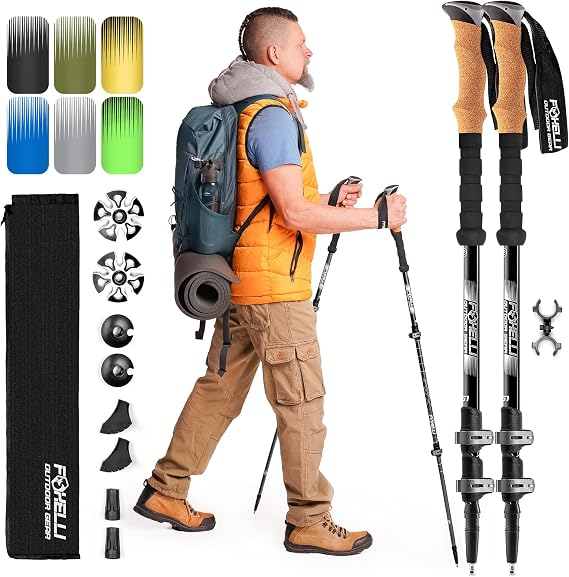 Foxelli Trekking Poles Lightweight Collapsible Aircraft Grade Aluminum Hiking Poles with Cork Grips Quick Locks & All-Terrain Accessories Pair of 2