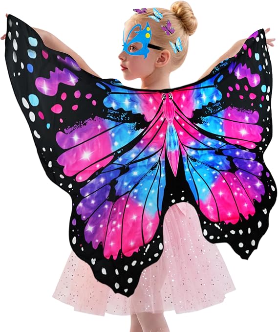 Sunlisky Kids Butterfly Wings Costume for Girls Fairy Wings Dress Up Clothes Headband Mask for Halloween Party Favors