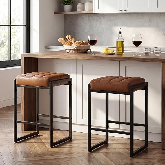 LSSBOUGHT 26 Inch Backless Bar Stools Set of 2, Modern Faux Leather Counter Stools with Metal Frame, Upholstered Square Bar Chairs for Kitchen Island(Brown, Set of 2)