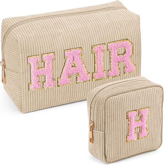 MAGEFY Makeup Bag,2 Pcs Initial Cute Makeup Bag for Purse Corduroy Cosmetic Bag for Girls Women Small Travel Makeup Pouch with Zipper (Beige-HAIR+H)