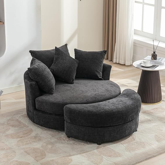 Accent 360 Swivel Barrel Chair with Storage Ottoman & 4 Pillows,Modern Oversize Round Swivel Leisure Arm Chair for Living Room Hotel Club Lounge Chair,Chenille Black Grey...