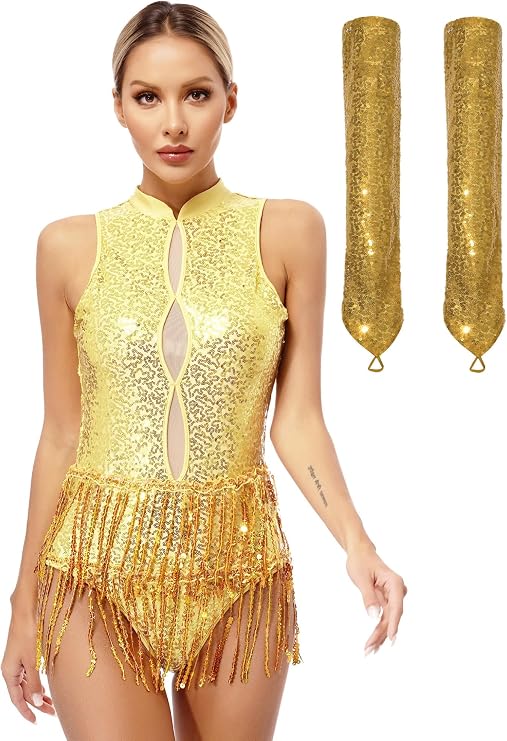 JanJean Women's Sequins Salsa Tango Jazz Dance Bodysuit with Gloves Tassels Ballroom Leotard Jumpsuit