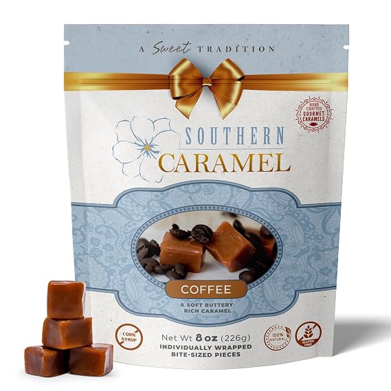 Southern Caramel Coffee Caramels, Handcrafted, 8 oz (Pack of 1) | Soft Buttery Gourmet Caramel Candy Infused with Rich Coffee Flavor, Small Batch, Gluten Free, No Corn Syrup, Gift Ready