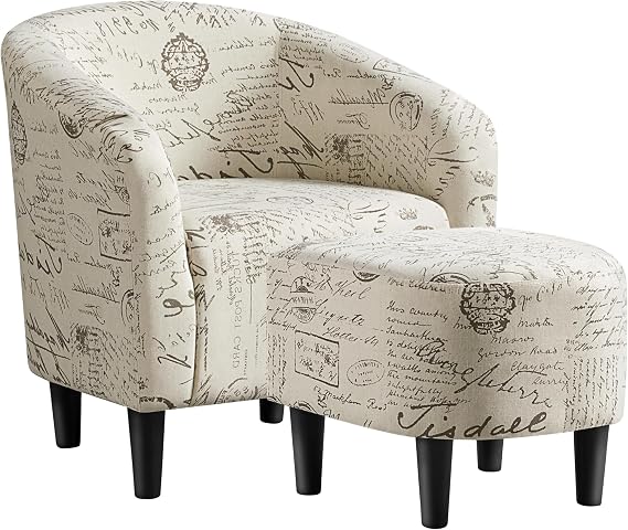 Yaheetech Small 25.5in Wide Boucle Barrel Accent Chair, Letter Print | Compact Cozy Barrel Chair with a Curved Silhouette, Upholstered Furry Armchair for Small Spaces, Living Room Bedroom Corner