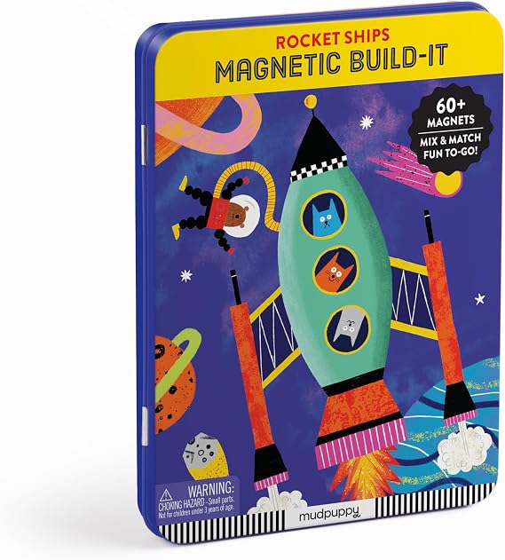 Mudpuppy - Rocket Ships Magnetic Tin Play Set for Kids | Ages 4+, 40+ Magnetic Shapes, Mix & Match, Great for Travel, Space Themed, Family Fun, Screen-Free Play, FSC Certified