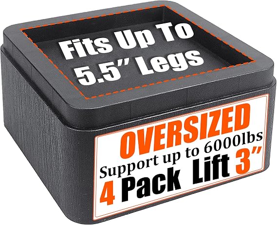 MYMULIKE Bed Risers 3 Inch, Oversized Fit Up to 5.5" Legs, Heavy Duty Support 6000lbs, Stackable Bed Raising Blocks Furniture Sturdy Bed Lifts for Couches, Tables, Desk(Black, 3 inch-4 Pack)
