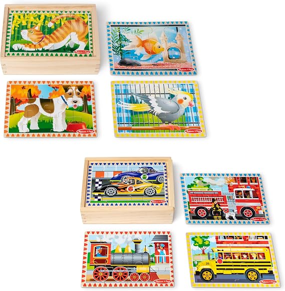 Melissa & Doug Wooden Jigsaw Puzzles in a Box 2-Pack for Preschool Boys and Girls Pets, Vehicles
