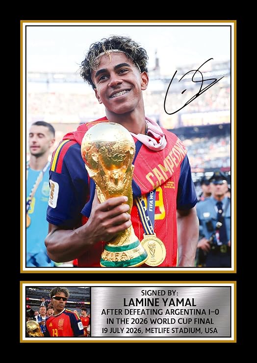 FoxyPrinting Lamine Yamal Spain Football Poster Print – Spain 2026 FIFA World Cup Champions Trophy Celebration Signature Style Wall Art – Soccer Fan Gift, A4 Poster + Black Frame