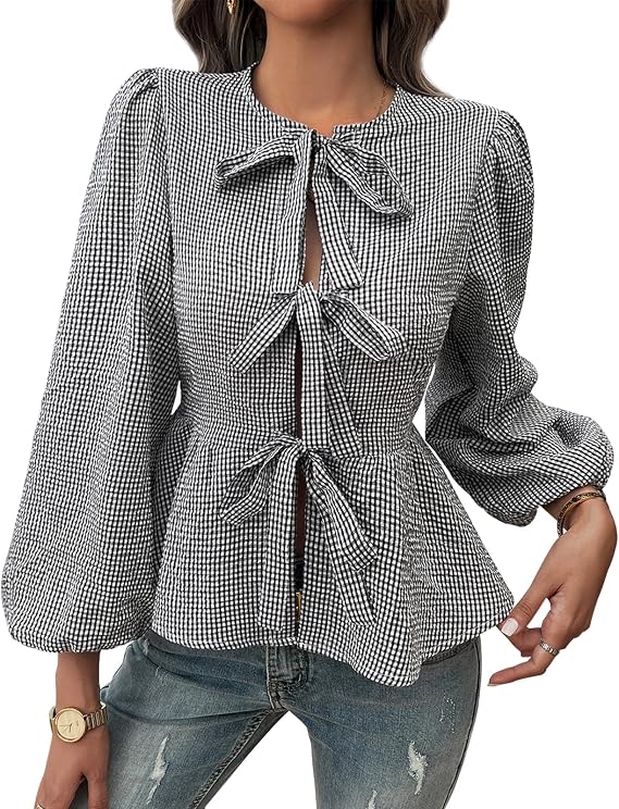 Wowcarbazole Women Bow Tie Front Blouses Shirts Cute Puff Sleeve Babydoll Peplum Plaid Trendy Y2K Going Out Tops