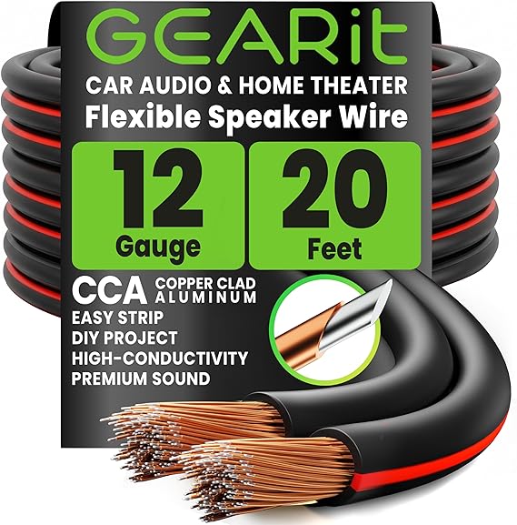 GEARit 12 Gauge Speaker Wire Black 20 ft,Speaker Cable with Foot Markers & Polarity Markings,12 Gauge Wire for Car Audio & Home Theater Speakers,Audio Cable for DIY Installations,CCA