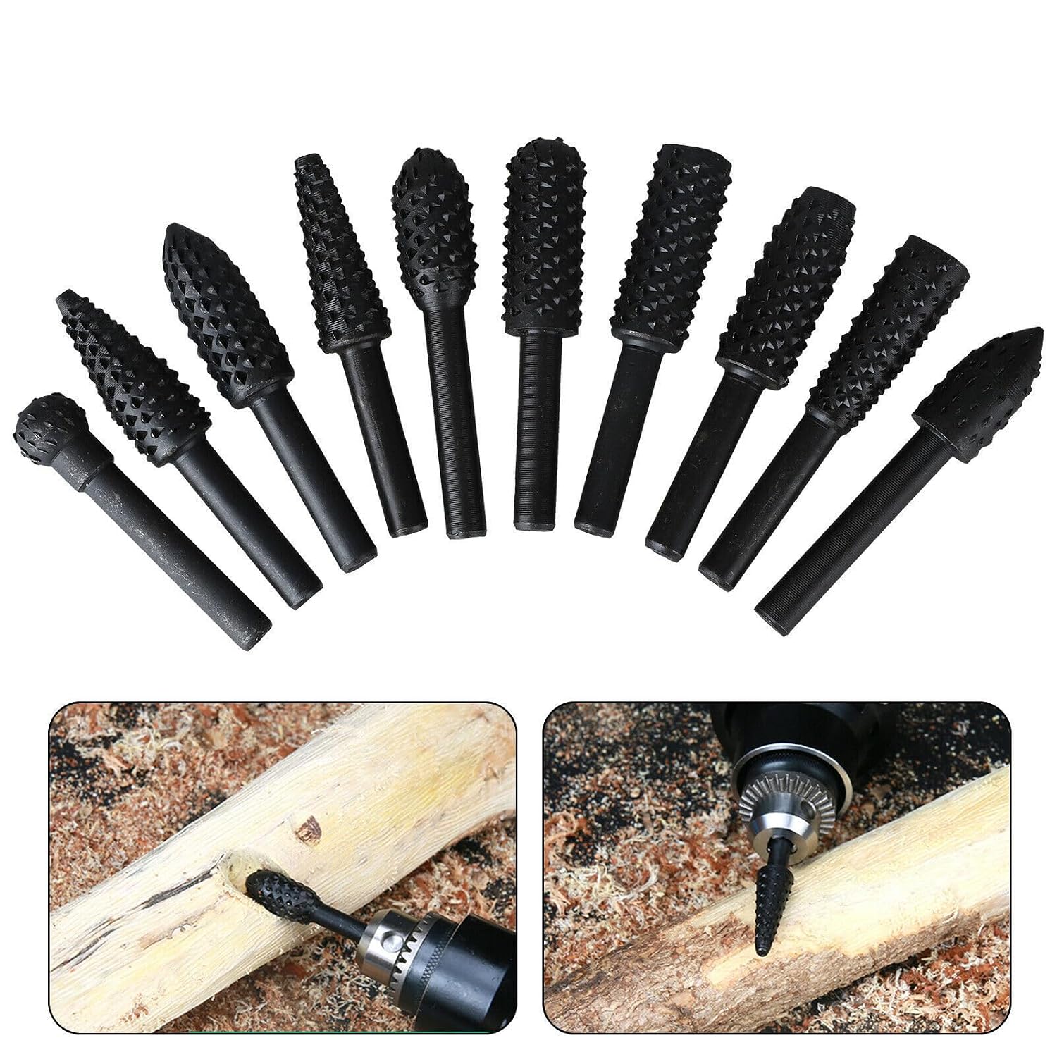 10Pcs Rotary Burr Rasp Set Woodworking Twist Drill Bits with 14 Shank Wood Carving File Rasp Drill Bits Woodworking Twist Drill Bits for Wood Plastic Engraving Polishing Grinding, Black