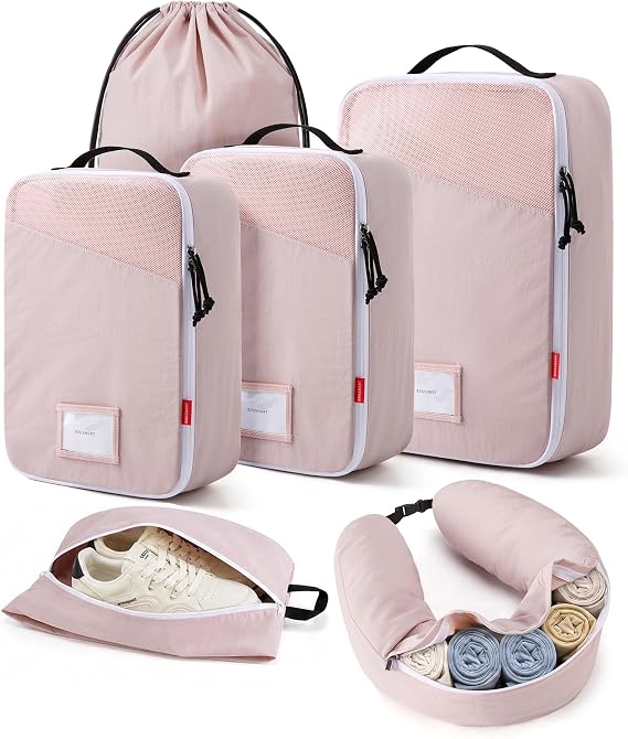 BAGSMART 6 Set Packing Cubes for Travel with Fillable Neck Pillow, Shoe Bag