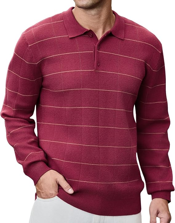 Mens Long Sleeve Plaid Knit Polo Sweater