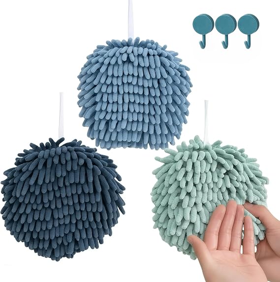 Chenille Ball Towel Set, 3 Pack (Mint Green, Light Blue, Blue)