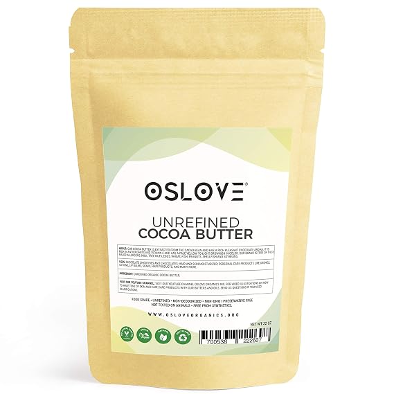 Organic Cocoa Butter 2LB by Oslove Organics- Food grade, Non-Deodorized, Unrefined - For body butter, lotion bars, scar & stretch marks | Delicous Chocolate | Allergen Free | Easy Melt Wafers.