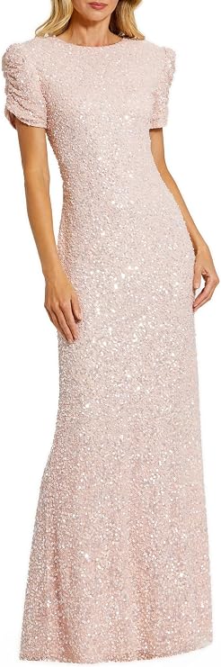 Mac Duggal Beaded Mesh High Neck Puff Sleeve Gown