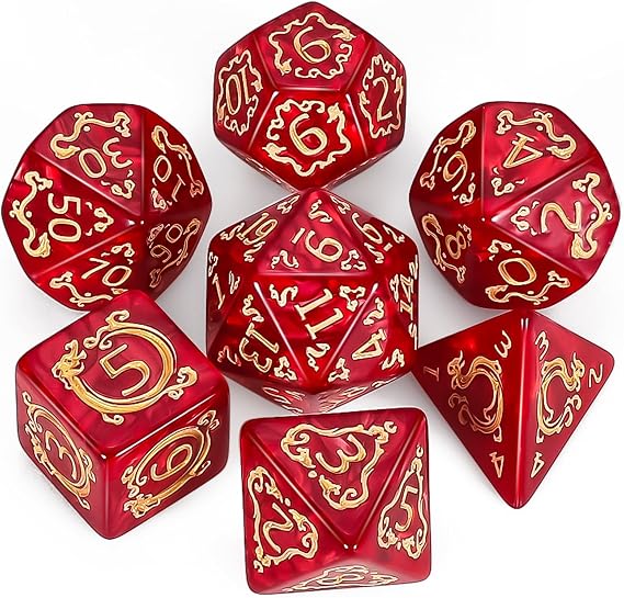 QMAY Polyhedral Game Dice - 7 Pieces Dice (Red Dragon Pattern)